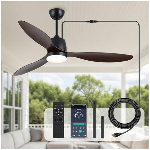 Kinyaras 52" Outdoor Ceiling-Fan with Light: Plug-in Waterproof Hanging Fans, App/ Remote Control, Reversible 6-Speed Quiet DC Motor, 3CCT, for Patio Porch Pergola