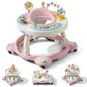 Baby Walker with Wheels, Foldable Baby Walker for Baby 6-12 Months, 3-Position Rotating Seat with Interactive Activity Center, Music Buttons, Baby Walkers for Boys Girls(Pink)