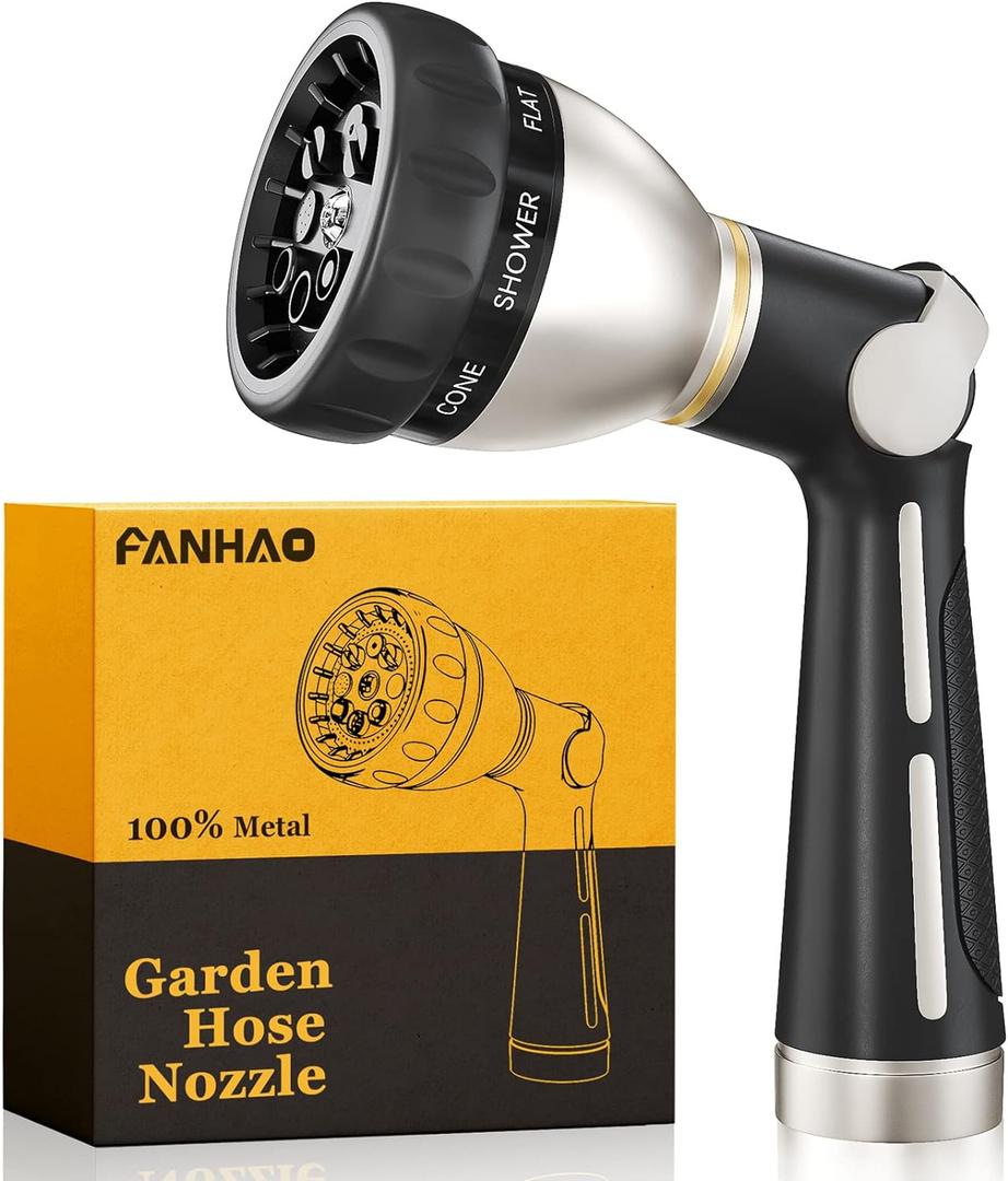 FANHAO Garden Hose Nozzle 100% Heavy Duty Metal, Water Hose Sprayer High Pressure with 8 Spray Patterns, Thumb Control, On Off Valve for Garden Watering, Car and Pet Washing (Black)