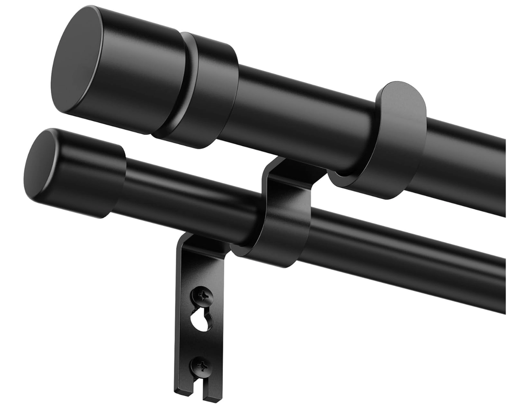 Double Curtain Rod for Windows 48 to 84 1 Inch Heavy Duty Decorative Drapery Rod with 5/8 Inch Adjustable Small Black Curtain Rods for Living Room Bedroom(32"90")