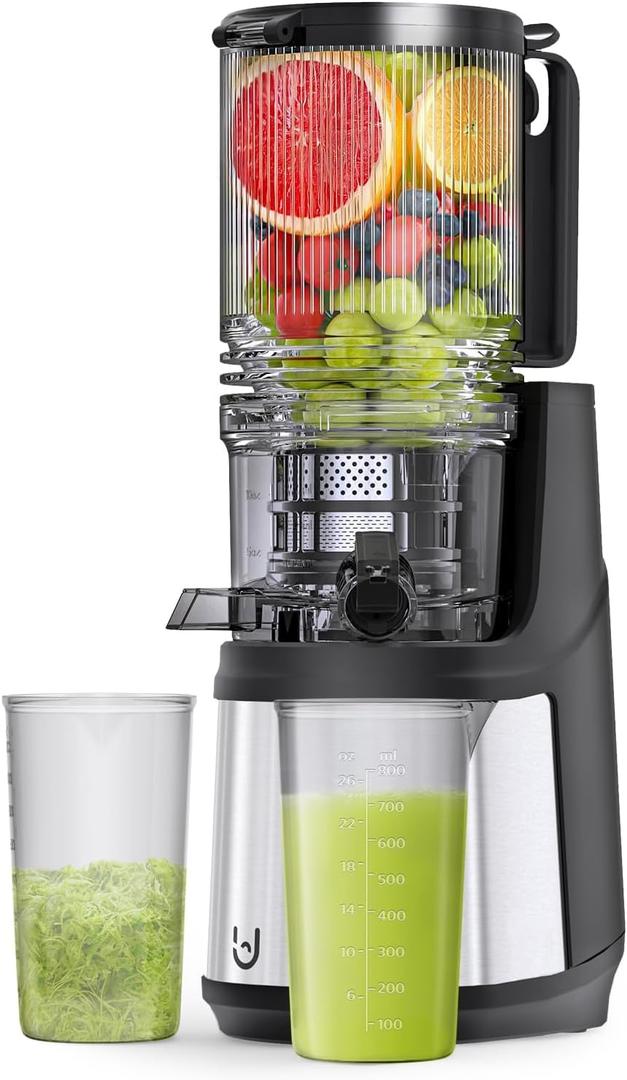 Cold Press Juicer, 5.8" Wide Feed Chute Juice Extractor Machine with 400W, High Juice Yield, Slow Masticating Juicer for Whole Vegetables & Fruits, Gray-Stainless Steel