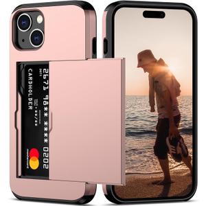Nvollnoe Compatible with iPhone 15 Case with Card Holder Heavy Duty Protective Dual Layer Shockproof Hidden Card Slot Slim Wallet Phone Cover for Women&Men 6.1 inch(Rose Gold)