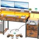 AODK 55 Inch Computer Desk with 3 Drawers and File Cabinet for Storage, Office Desk with Monitor Stand and LED Lights, Home Office Desks, Vintage