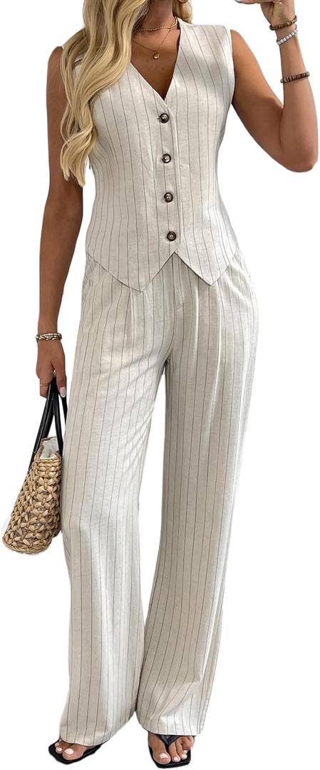 Women's 2 Piece Outfits Linen Vest Waistcoat Dressy Casual Sets Wide Leg Pants Suits, XS