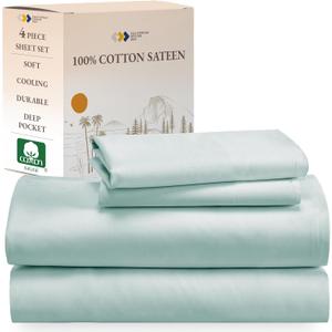 King Sheets Set - Natural 100% Cotton Sheets King Size with Deep Pockets, Soft Sateen Weave, Breathable, Cooling and Durable Bedding Set by California Design Den (Seafoam)