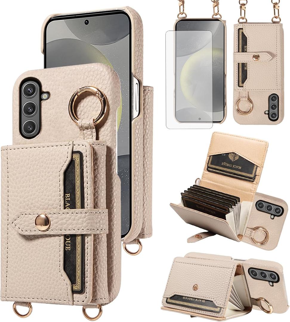 Wallet Case for Samsung Galaxy S25 Plus S25+ 5G with Tempered Glass Screen Shoulder Strap Ring Buckle Flip Organ Purse, Card Holder Stand Phone Cover for S25Plus 25S + S 25 25+ SM-S936U White