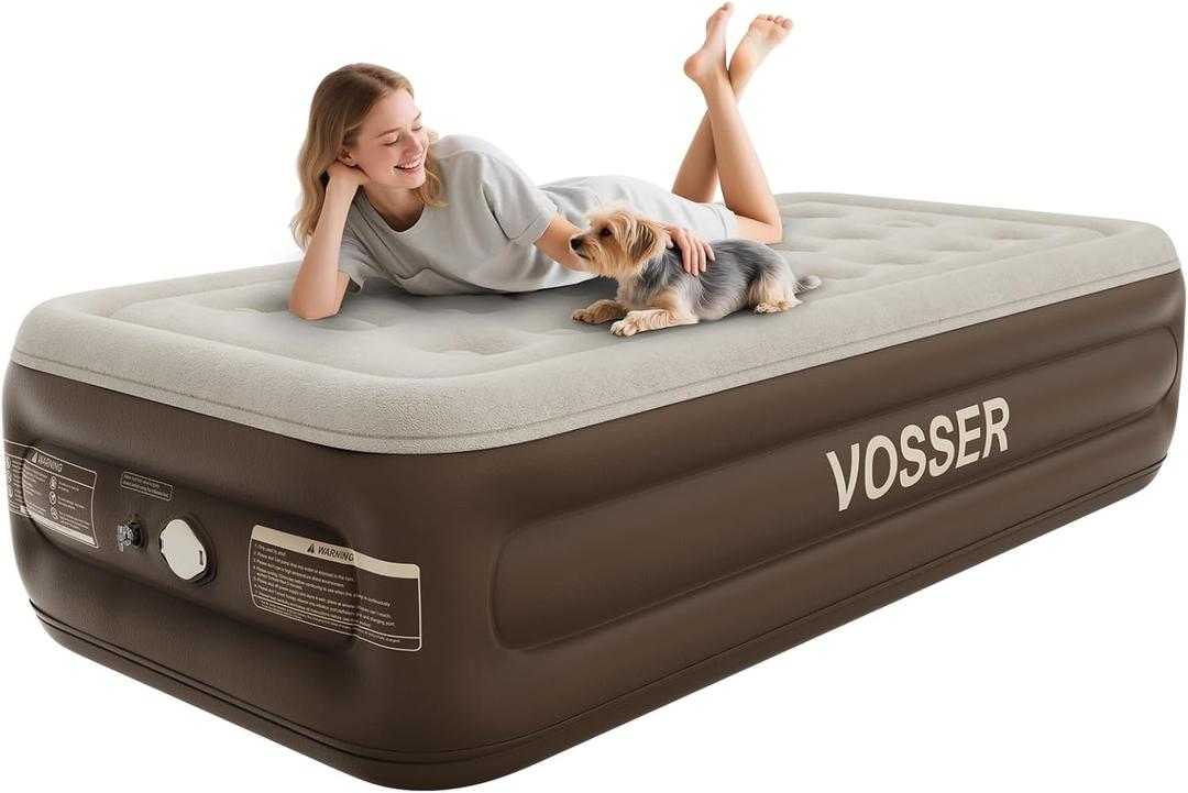 VOSSER Twin Size Airbed with Detachable Rechargeable Pump - for Camping & Home Use, Portable Design, Supports up to 330 lbs MAX