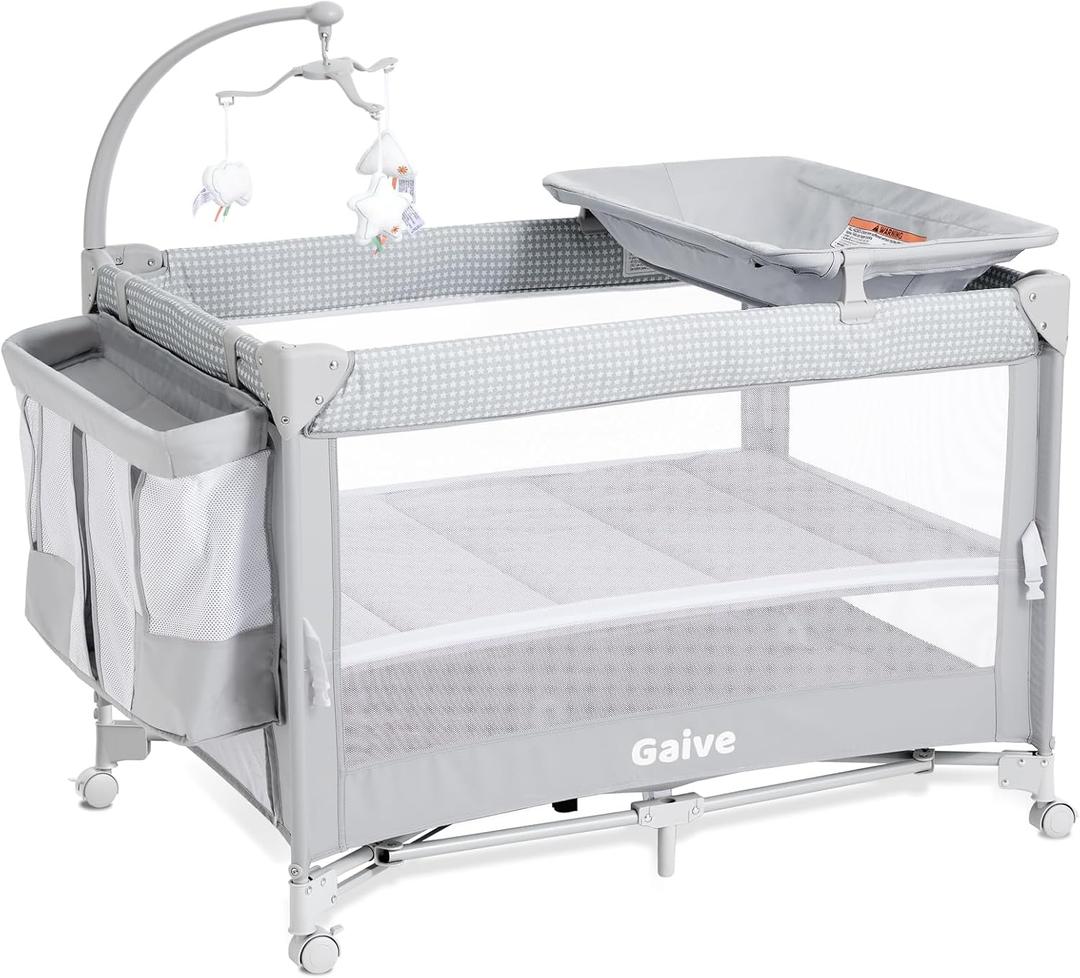 Baby Bassinet Bedside Crib, Pack and Play with Mattress, Diaper Changer, One-Push Setup Playards from Infants to Toddlers (Grey) (Light Gray)