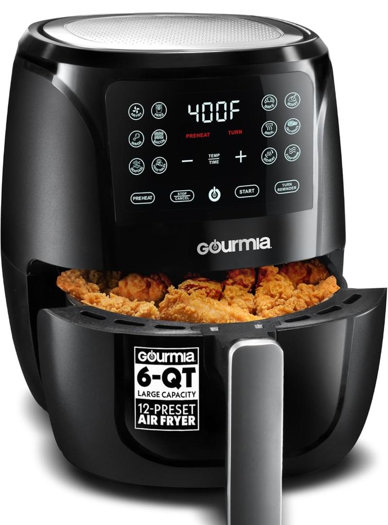Gourmia Air Fryer - 6 Qt Large Capacity, FryForce 360, Digital Display with 12 Presets, Roast, Bake, Broil, Dehydrate, Dishwasher Safe Accessories, Black, 6 Quart