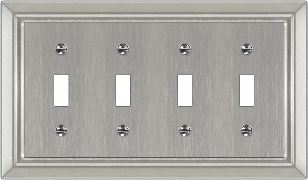 Metal Wall Plate for Electrical Outlets, Decorative Brushed Nickel Switch Plates Outlet Cover, Light Switch Cover Plate, 4-Gang Wall Plates (Quad Toggle, 1 Pack)