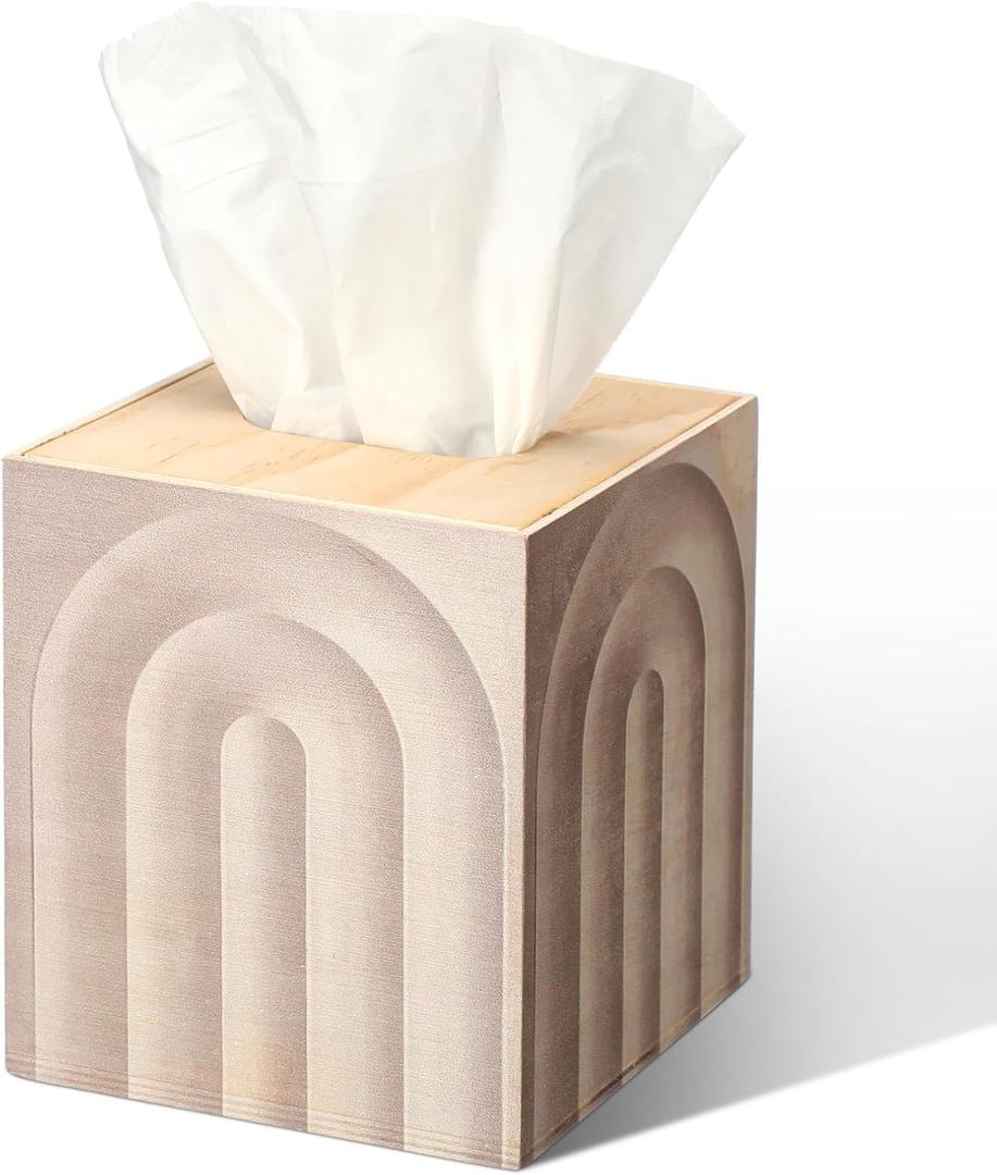 LemonRoad Boho Tissue Box Cover Square Wood Tissue Holder Ivory Rustic Facial Paper Organizer Bohemian Desk Storage Container for Bathroom Modern Farmhouse Tabletop Office Decor