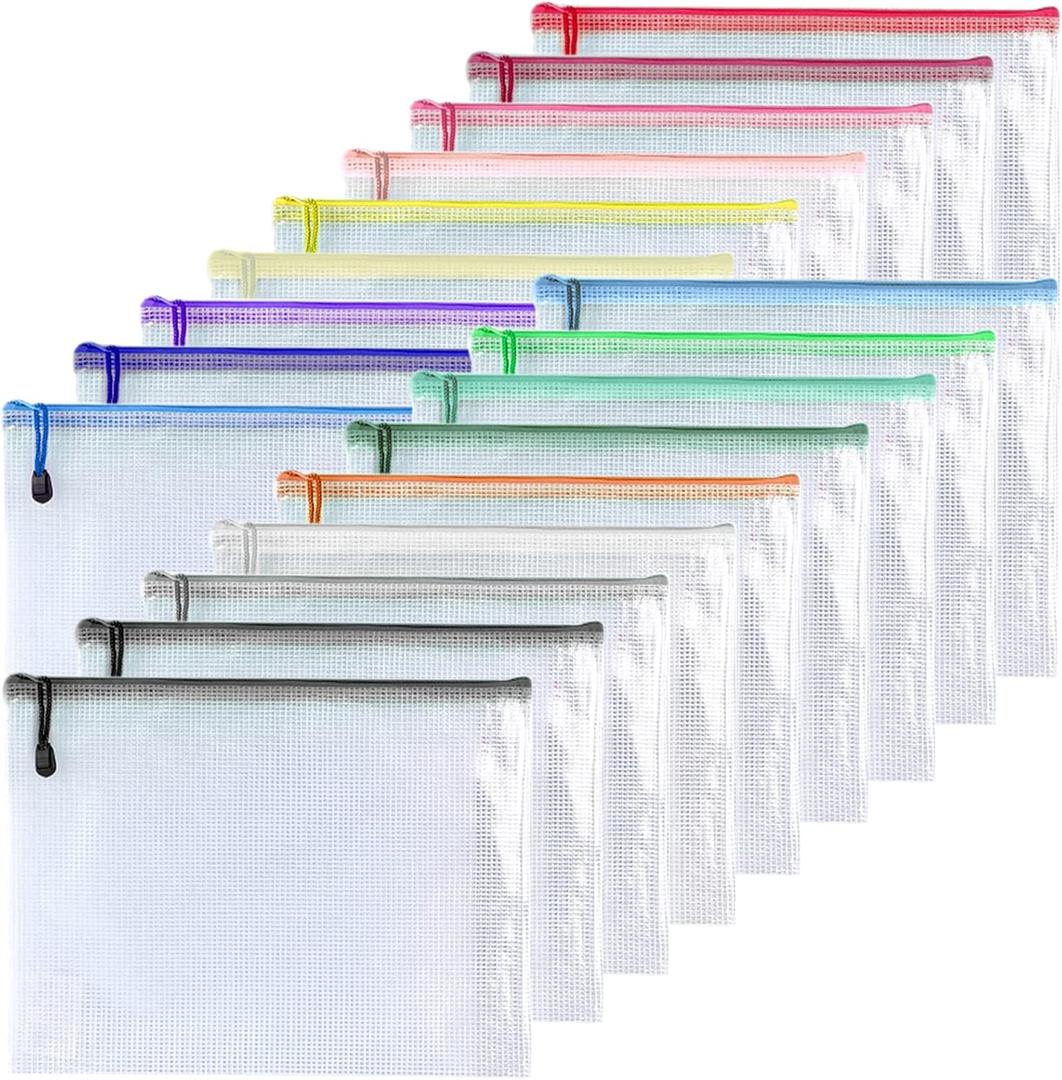 Oaimyy-Plastic Mesh Zipper Pouch Document Folders Bag & Zipper-Waterproof Zip File Folders for School Office Supplies, Travel, Puzzles Games Organizing Storage (8"x 10", Multicolor)