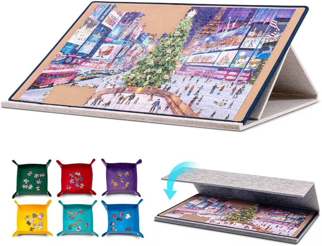 Tektalk Jigsaw Puzzle Board with 2-in-1 Designed Stand & Cover, Multi-Angle Adjustable Bracket & 6 Color Sorting Trays, Lightweight Portable Mat for Puzzle Storage Saver, Up to 1000 Pieces (Khaki)