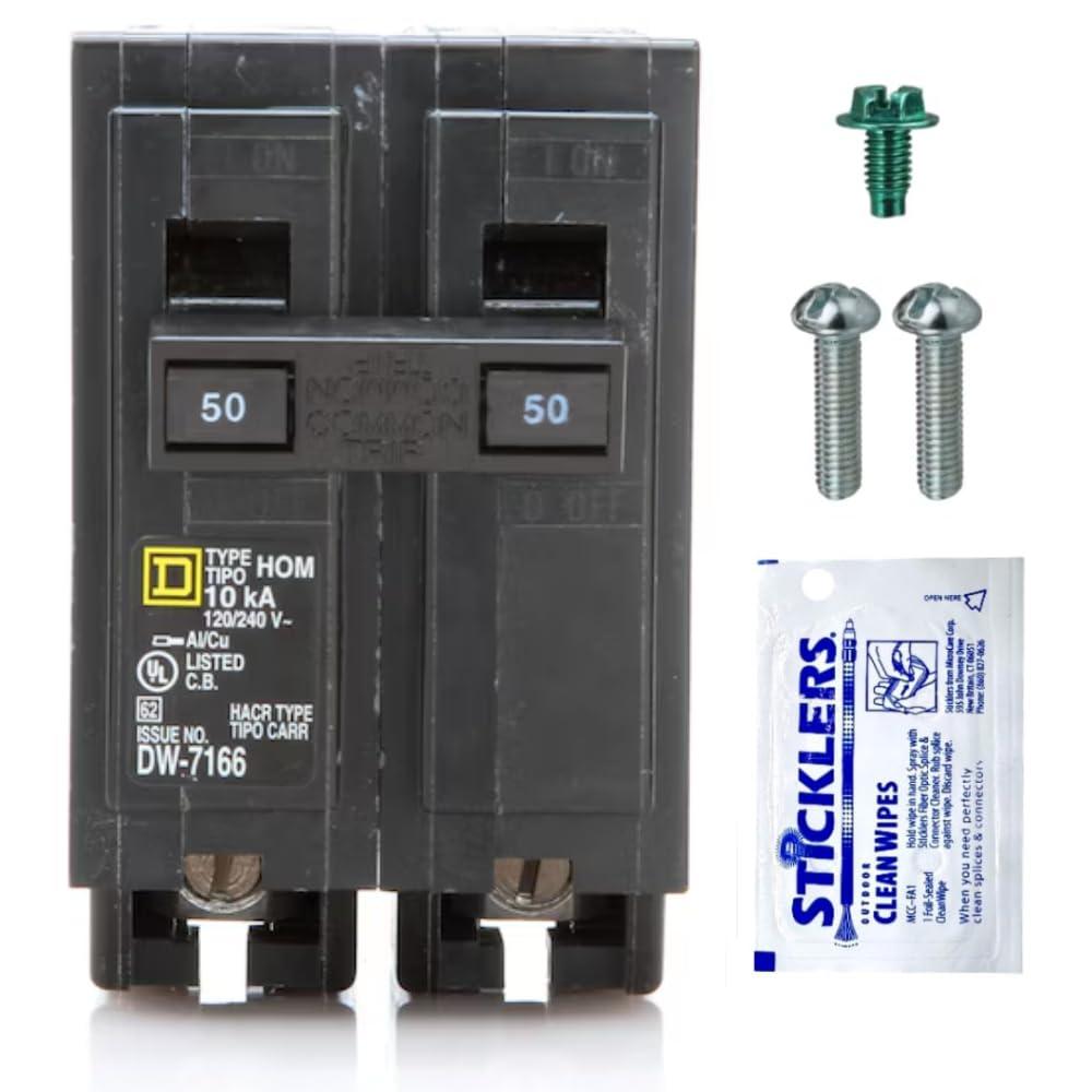Genuine Square D HOM250 Circuit Breaker Kit Bundle (1 Pack), 50 Amp (50A) Double Pole, 120/240V, 10kAIC, UL Listed, Plug-On for Homeline Load Centers & Panel Box, New Replacement