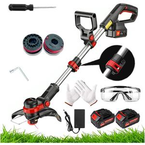 String Trimmers 21V 8-inch Cordless Weed Trimmer with Auto Line Feed, 2 X 2.0Ah Battery Powered Grass Cutter Lawn Edger Fast Charger Included (Black and red)