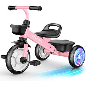 Umatoll Tricycle for Toddlers 2-5 Year Old, Ajustable Toddler Bike Outdoor Toys, Birthday Gift for Girl Age 2-4, Trike with Light up Wheels (Pink)