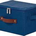 Storage Bins with Zipper Lid Cotton Linen Fabric Lidded Storage Baskets Boxes Foldable Washable Closet Shelf Clothes Organizer Container with PU Leather Handles (Deep Blue, Small)