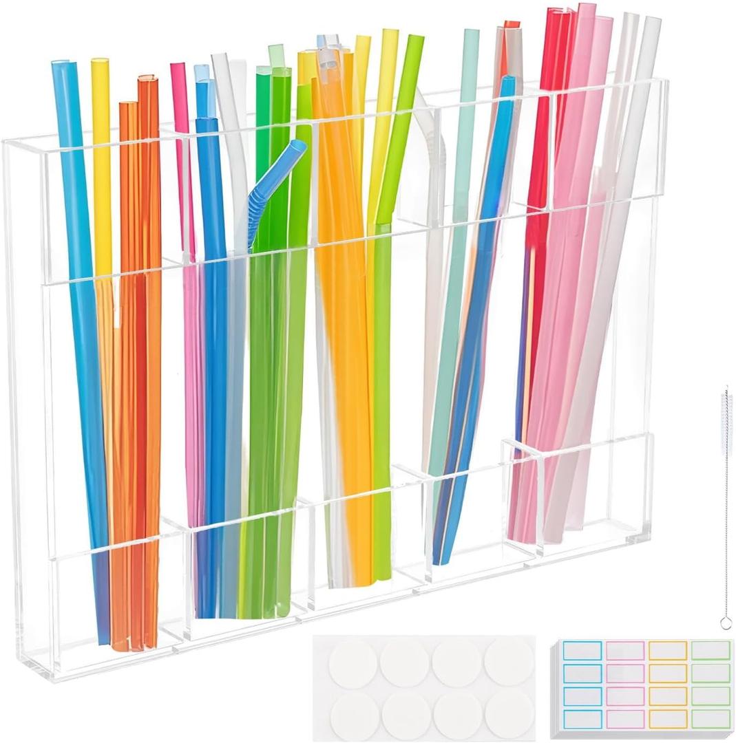 Straw Holder for Cabinet Door,9.6'' Large Acrylic Straws Organizer Storage Dispenser,Kitchen Accessories Container,with 8pcs Double-sided Tape,10 Sheet Note Paper,1pc Brush(Clear)