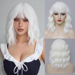 WSTAR White Wavy Bob Wig with Bangs - 14inch White Short Loose Wavy Wig for Women, Bob Style Synthetic Hair with Bangs,Colorful Curly Wigs for Halloween Costumes Cosplay Daily(14inch)