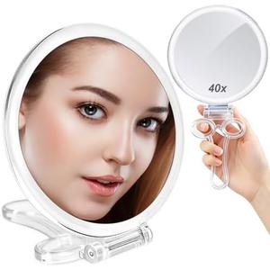 AMISCE Magnifying Hand Mirrors with Handle - Double Sided Handheld Mirror with 1X 40X Magnification, Portable Travel Folding Hand Held Mirror, Pedestal Makeup Vanity Mirror