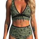 ZAFUL Womens High Waisted Bikini Sets Sexy V Neck Two Piece Swimsuit Cute Bow Ruched Bathing Suit (Green)