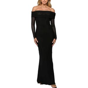 BORIFLORS Women's Elegant Off The Shoulder Bodycon Long Sleeve Maxi Dress Mesh Cocktail Party Wedding Guest Formal Dresses (S, Black)