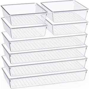Criusia 8 Pack Large Clear Plastic Drawer Organizer Set, Bathroom Organizer Vanity Trays Dividers, Non Slip Storage Bins for Makeup, Jewelry, Snacks, Office, Desk, Fridge, Bedroom, Kitchen