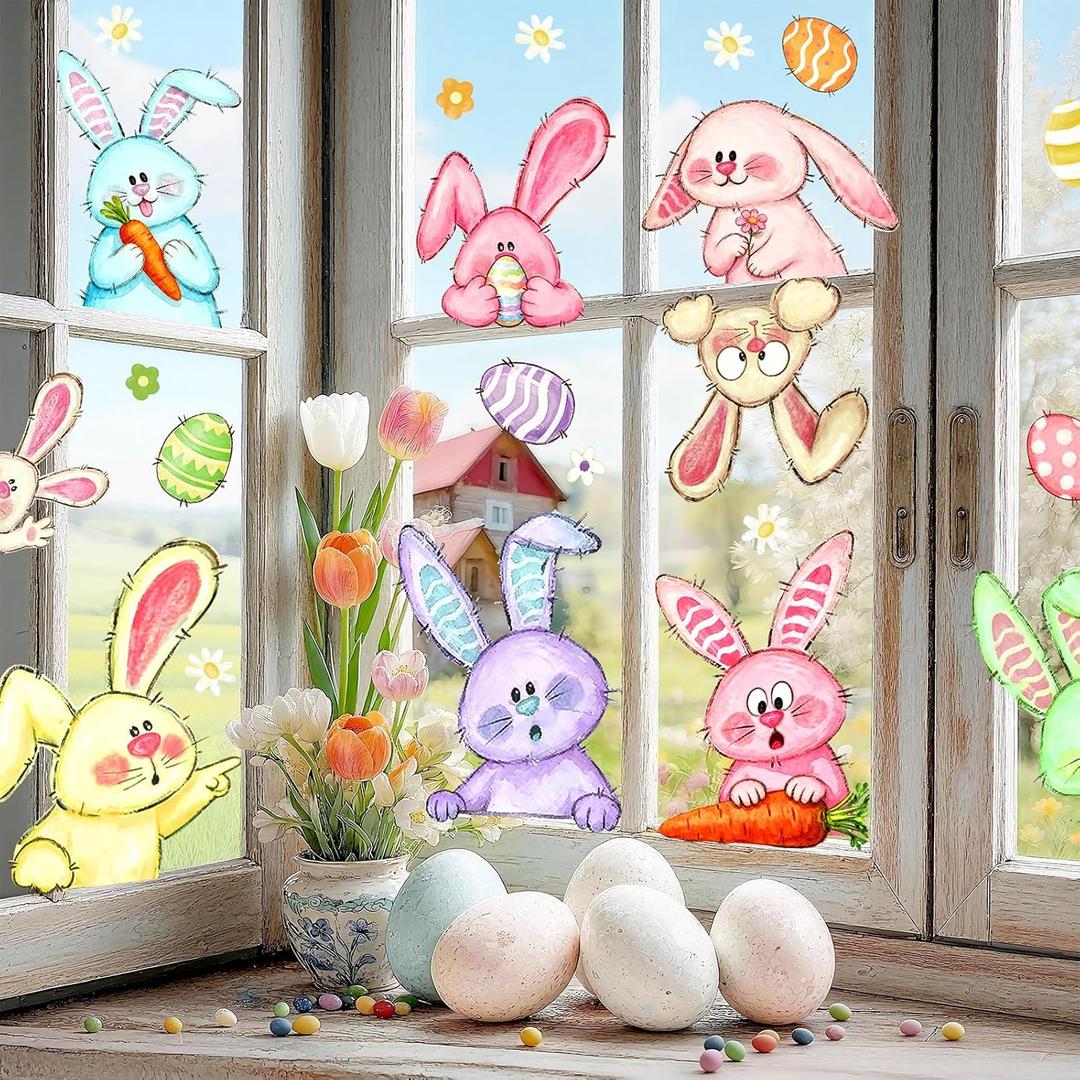 2 x JarThenaAMCS Extra Large Bunny Rabbit Easter Window Clings Colorful Watercolor Bunny Egg Double-Sided Glass Sticker Decals for Spring Home Party Wall Decor, 6 Sheets