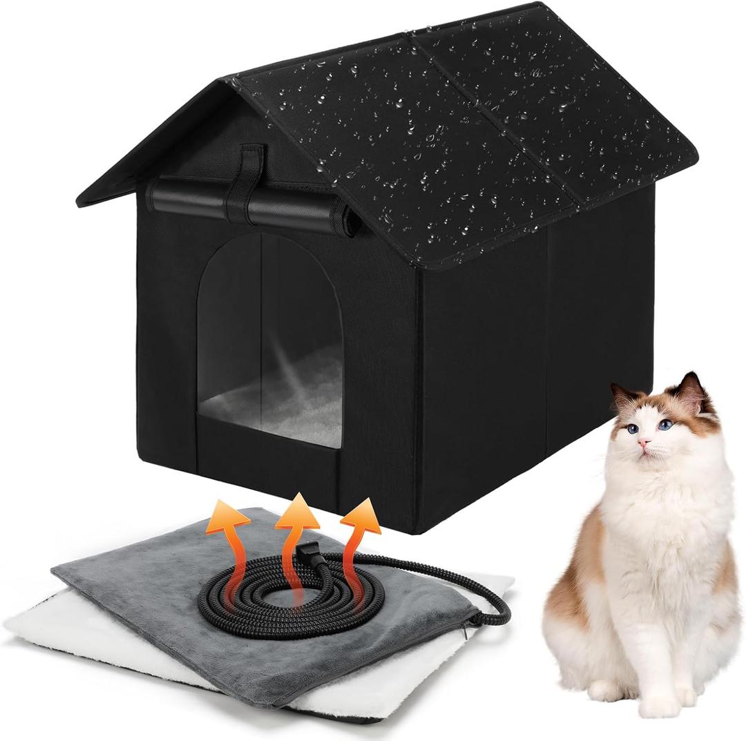 Midollarle Heated Outdoor Cat House Double Door Heater Cats Shelter, Weatherproof Foldable Heat Kitty House with Kitten Heating Pad Bed for Feral Barn Cat Puppy Outside Pets in Winter (13.3"W*16.9"D*16.5"H, Black)
