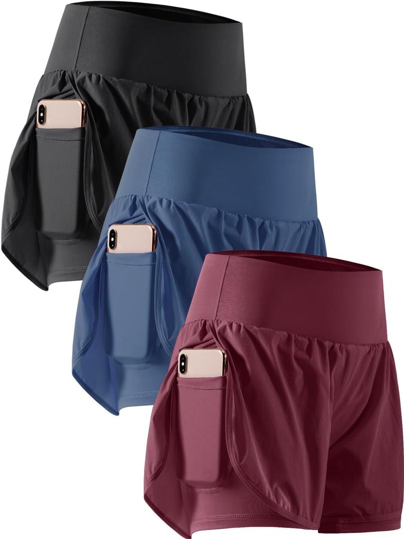CADMUS 2 in 1 Women's Workout Shorts for Athletic Gym Running Shorts with Phone Pockets (Medium, 3 Pack: 06# Black & Navy & Wine Red)