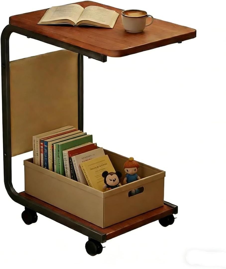 Side Table - C-Shaped End Table, Small Side Table for Couch, Sofa Bed Bathroom Study TV Tray C Shaped End Table Food Snack Trays for Eating (with Wheels)