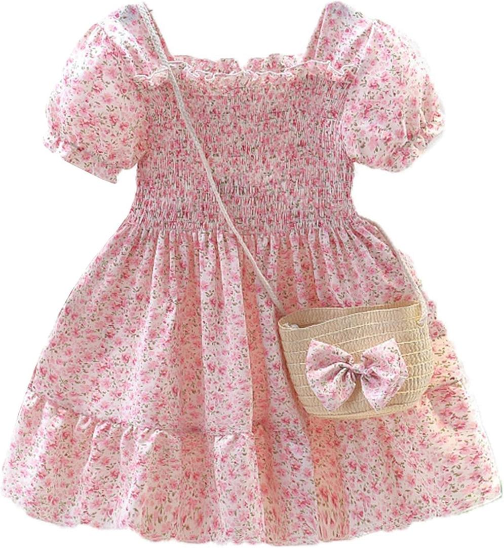 Toddler Girls Floral Dress Square Neck Puff Sleeve A-Line Smocked Dress with Bag Toddler Girls Summer Outfits (2-3T)