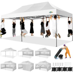 COBIZI 10x20 Heavy Duty Pop up Canopy Tent with 6 sidewalls Easy Up Commercial Outdoor Wedding Party Tents for Parties All Season Wind & Waterproof Gazebo Roller Bag, White(Frame Thickened)