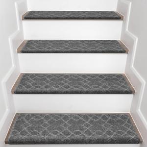 Bullnose Carpet Stair Treads, Stairs Carpet Non Slip 7 Pack, Stair Step Rugs 30"x9.5"x1.2", Soft, Reusable, Peel and Stick Stair Treads for Wooden Steps Indoor (Grey, Diamond Pattern)