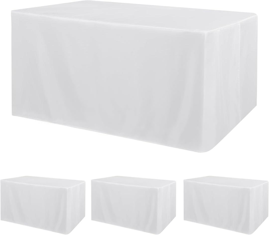 Obstal 4 Pack White Tablecloth Fitted Table Clothes for 6 Foot Rectangle Tables - Water Resistant Washable Fabric Polyester Rectangle Table Cover for Outdoor/Indoor Uses?72L x 30W x 30H Inches, White? Obstal 4 Pack White Tablecloth Fitted Table Clothes for 6 Foot Rectangle Tables - Water Resistant Washable Fabric Polyester Rectangle Table Cover for Outdoor/Indoor Uses?72L x 30W x 30H Inches, White?