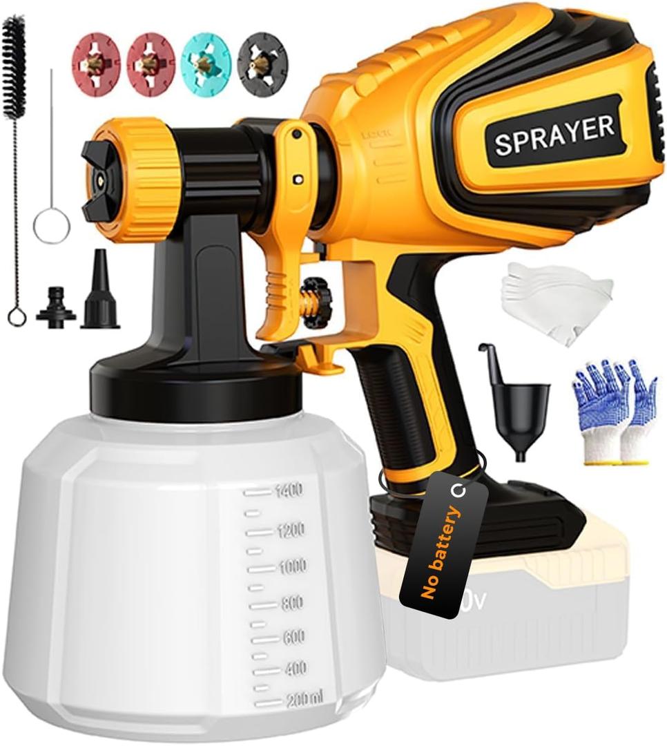 Cordless Paint Sprayer for Dewalt 20V MAX Battery Electric Spray Paint Gun with High Capacity Container Easy to Clean for House Painting Yellow(Not Include Battery)