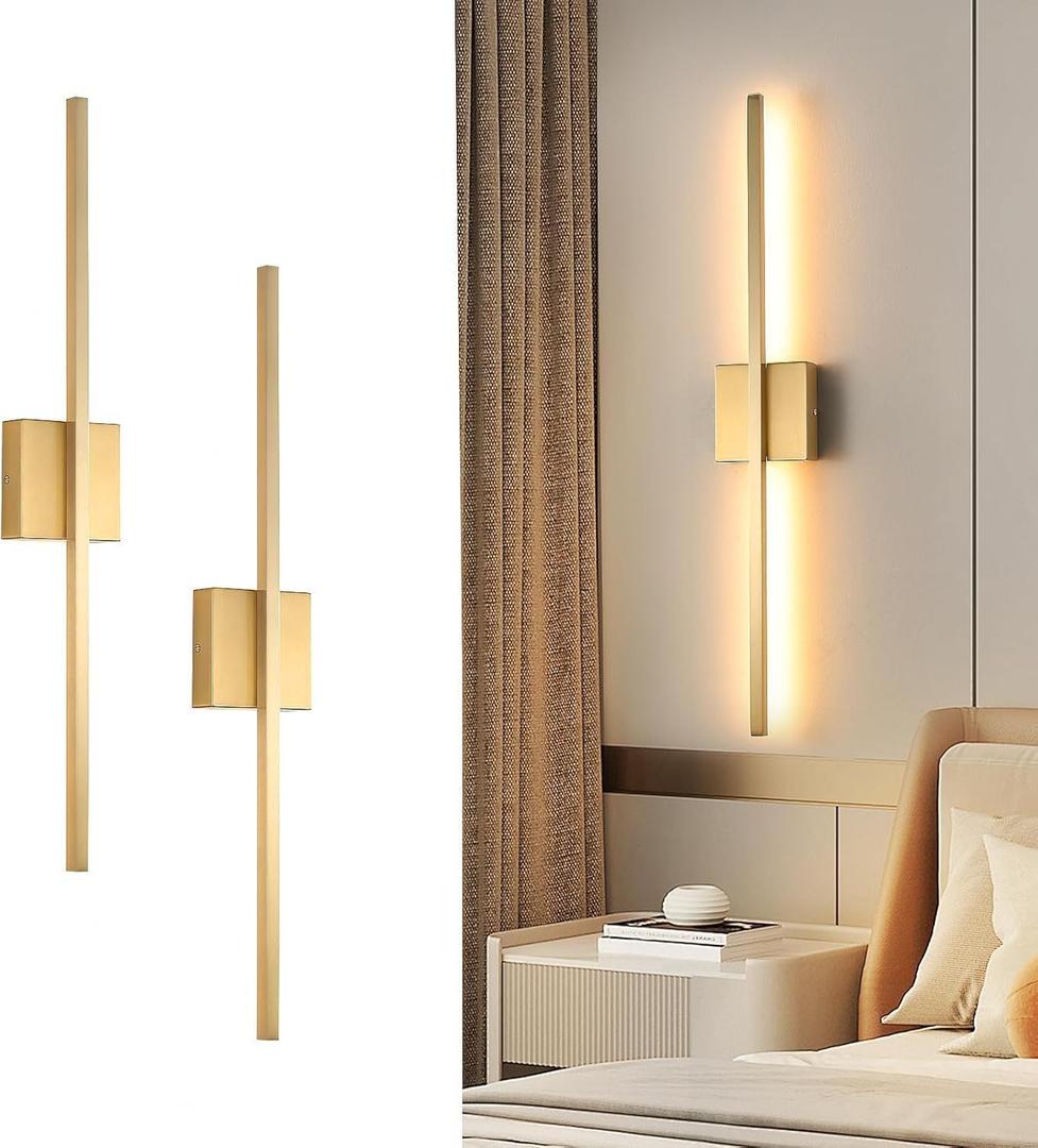 Wall Sconces Set of Two, LED Dimmable Sconces Wall Lighting, Brushed Gold Modern Wall Sconce Light for Bathroom, Living Room, Bedroom, Hardwi, 28Inch