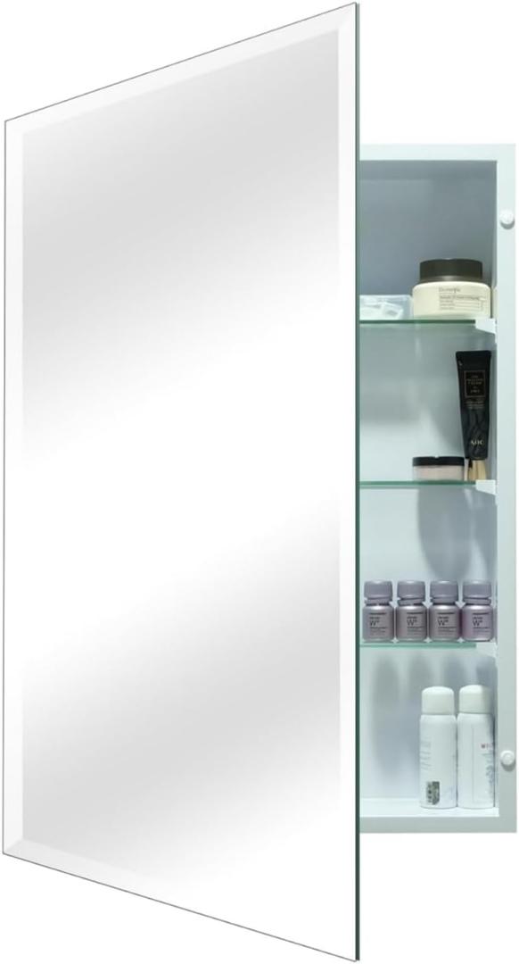22x30 inch Frameless Beveled Mirror Medicine Cabinet - Waterproof Bathroom Storage Cabinet, Mirror Cabinet, Adjustable Shelves, Recessed or Surface Mount (White), CM1014-2230