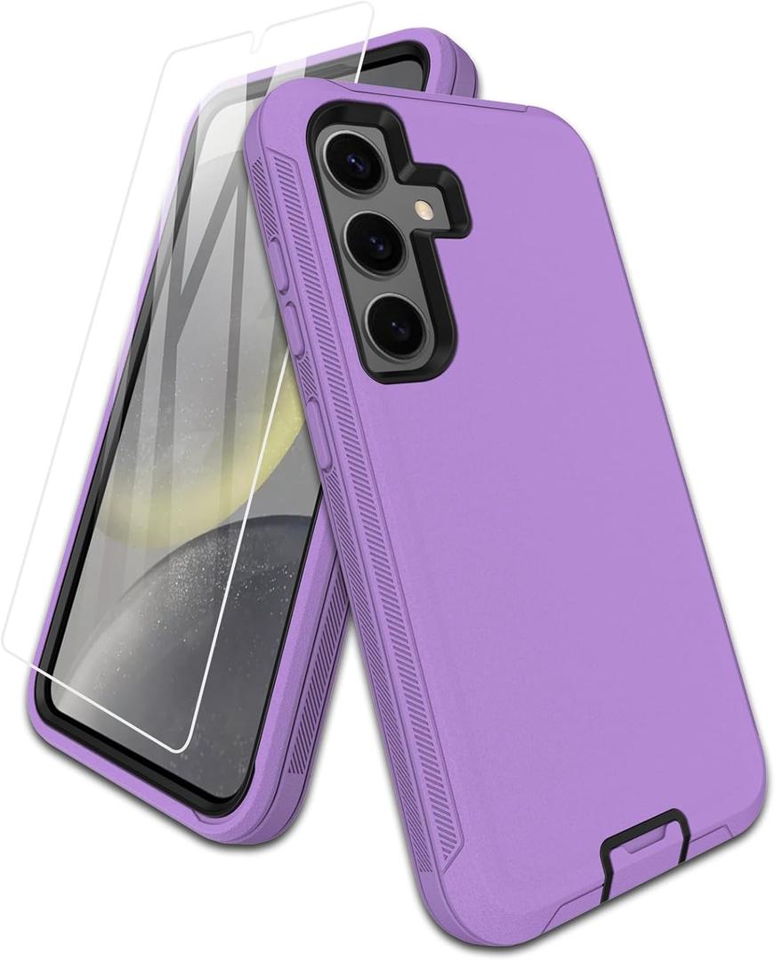for Samsung Galaxy S24 Case, with Screen Protector, Port Protection, Full-Body Non-Slip Silicone Rubber Covered, 3-Layer Combo Drop-Proof Cover Phone Case for S24 5G(2024), Black/Purple