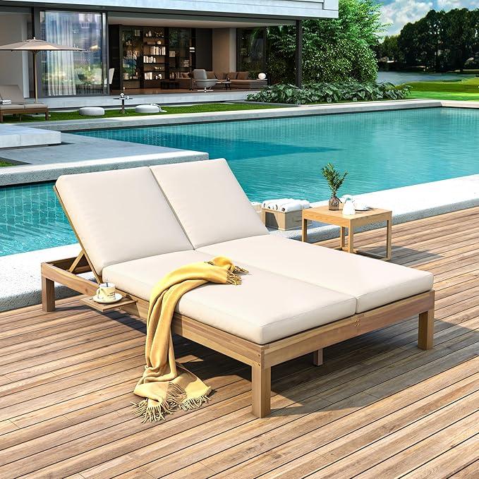 Acacia Wood Outdoor Patio Daybed Sunbed with 5-Position Adjustable Backrest, All Weather Double Chaise Lounge with Cushion and Folding Side Trays for Poolside Garden (Light Teak-3.20)