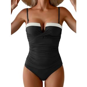 Aidonger Women's Push Up Wrap Swimsuit Tummy Control One Piece Bathing Suits Bandeau Color Block Slimming Swimwear (Medium, Black White)