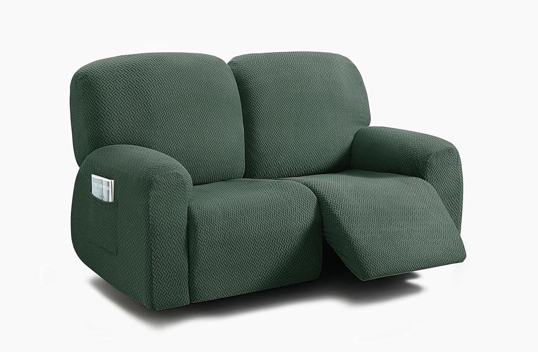 ULTICOR Reclining Loveseat Slipcover, 48" - 65" L, 6-Piece Jacquared Stretch Loveseat Reclining Sofa Covers, 2 seat Loveseat Recliner Cover, Thick, Soft, Washable (Style 3) (Retro Green)