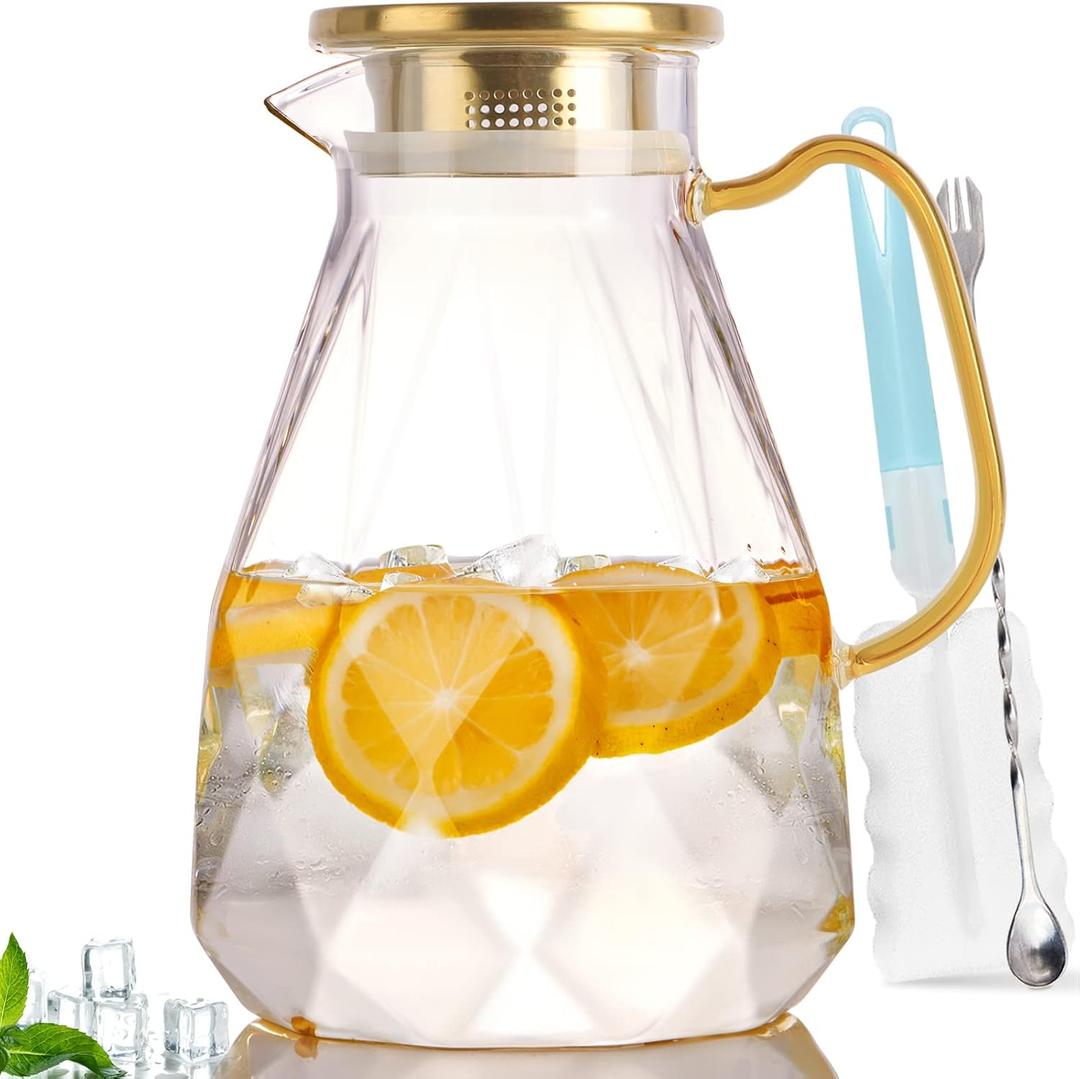 Yirilan Glass Pitcher,74oz/2.2 Liter Water Pitcher with Lid,Beverage Serveware,Iced Tea Pitcher,Water Carafe Handle,Heat Resistant Borosilicate Jugwith Mixing Spoon and Cup Brush