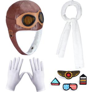 Kids Aviator Costume Accessories Pilot Aviator Hat With Goggles For Halloween Career Day Birthday Cosplay Costume (Brown Hat,white Scarf,gloves,brooches)