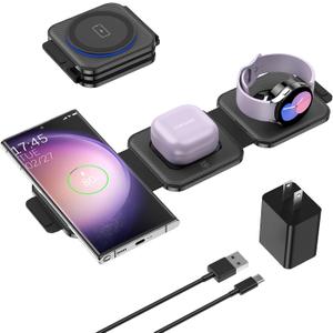 Travel Charger for Samsung Multi Devices, Foldable 3 in 1 Wireless Charging Station Fast Charging Stand/Pad Compatible for Samsung Galaxy S25/S24/S23/S22/S21/Note20 Galaxy Watch7/6/5/4/3 Galaxy Buds3 (Black)