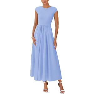 PRETTYGARDEN Women's 2025 Summer Casual Long Dresses Cap Sleeve Patchwork A Line Flowy Modest Elegant Homecoming Maxi Dress (Medium, Light Blue)