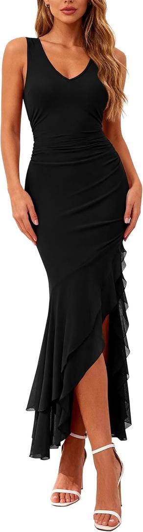 BTFBM Summer Dresses for Women 2026 Bodycon Ruched Sleeveless V Neck Solid Maxi Cocktail Wedding Guest Dress (Black, M)
