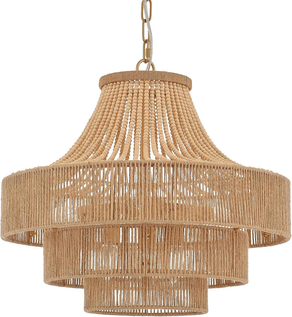 Wood Beaded Rattan Chandelier Boho Hand Woven Pendant Light 6-Lights Adjustable Coastal Pendant Lighting Fixtures for Dining Living Room Kitchen Hallway, Dia 20, UL Listed