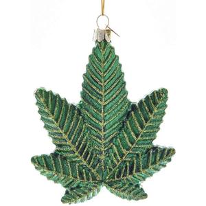 Kurt S. Adler Collections Etc Sparkling Green Glass Cannabis Leaf Christmas Ornament