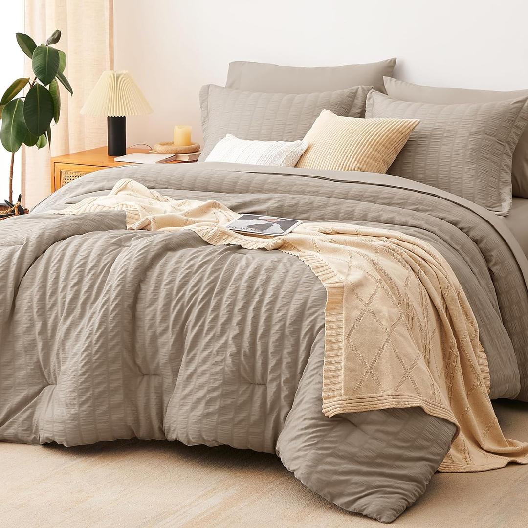 CozyLux Queen Seersucker Comforter Set with Khaki Bed in a Bag 7-Pieces All Season Bedding Sets with Comforter, Pillow Sham, Flat Sheet, Fitted Sheet, Pillowcase